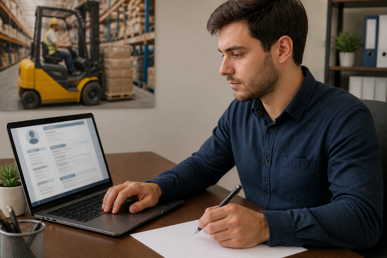 Person at desk working on a resume for an H-2B forklift role with a blurred screen