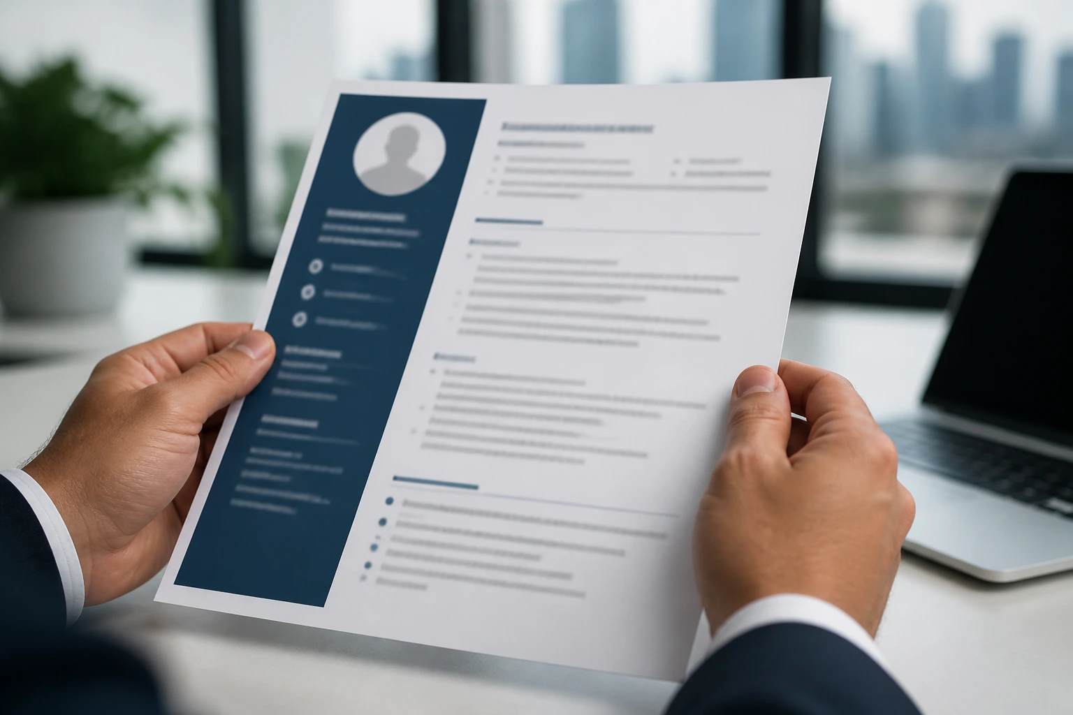 Hands holding a resume with blurred text in a professional setting