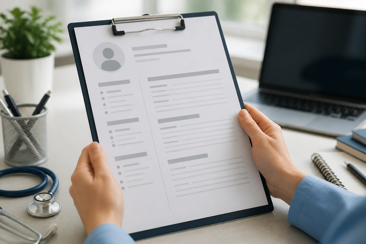 Hands with blank resume template on clipboard in an office.