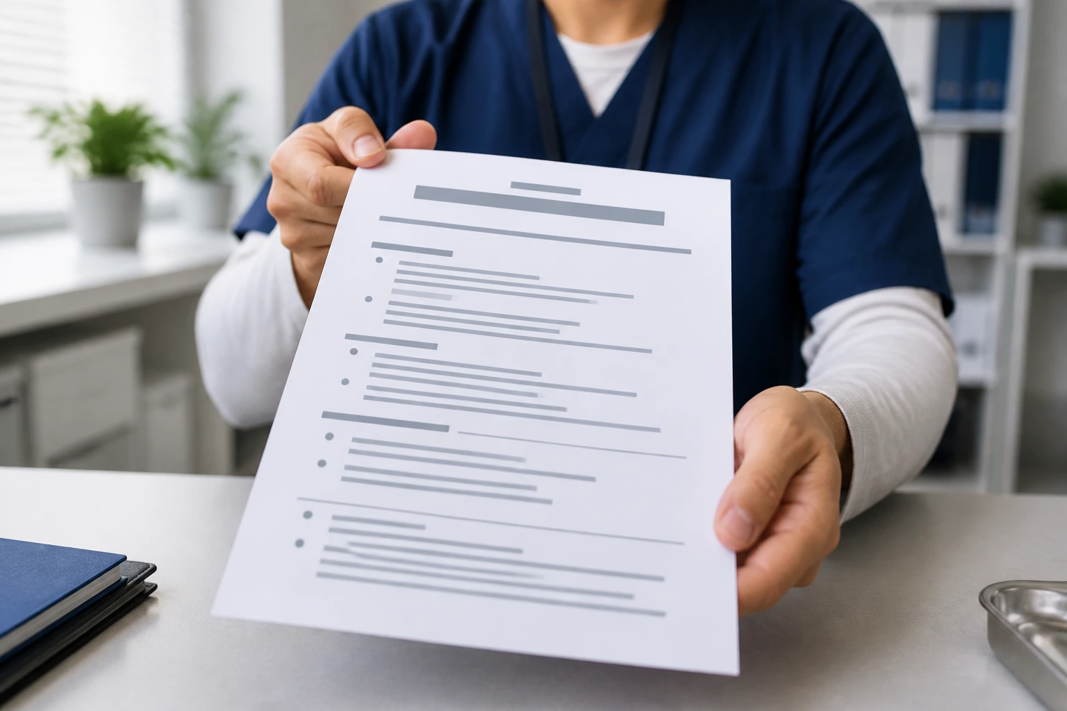 Hands holding a clean resume sheet in an office setting.