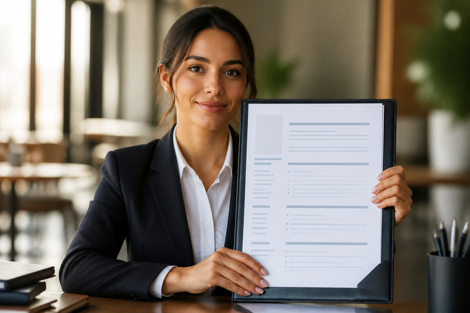 Close-up of a person presenting a neatly organized resume in a bright office, emphasis on details appealing to managers.