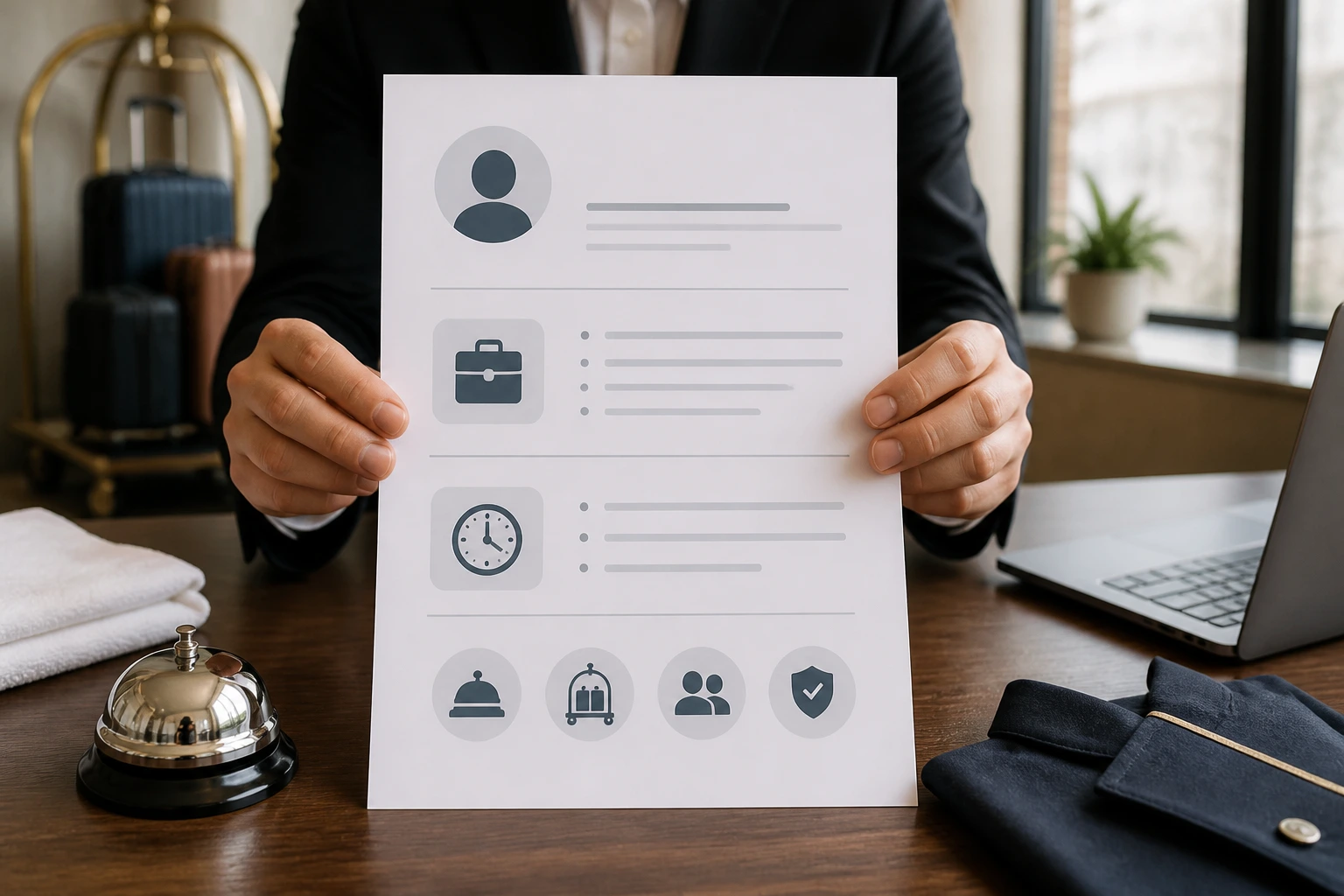 Close-up of hands holding a blank resume sheet with abstract icons on a desk