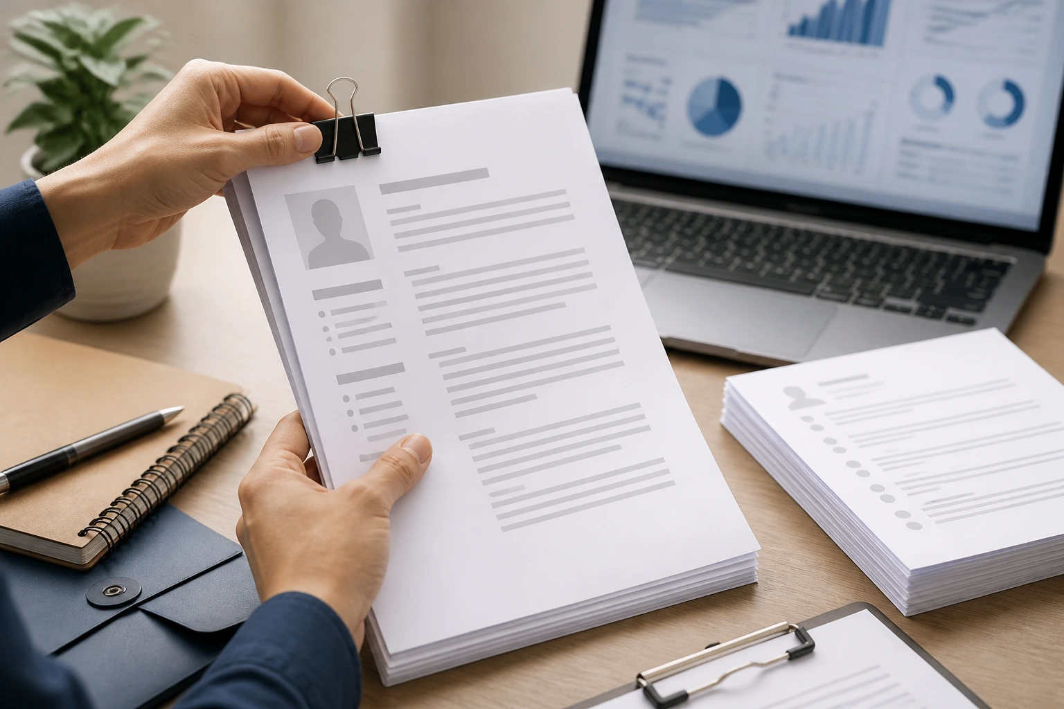 Hands arranging blank resume sheets with laptop in background