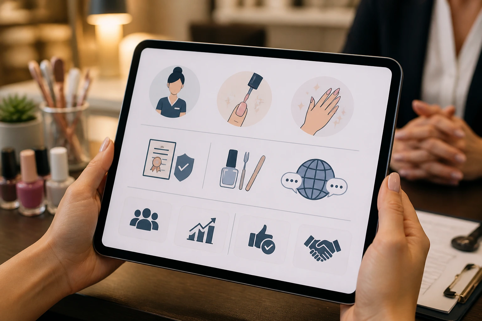 Tablet showing icon-based resume infographic (no text)