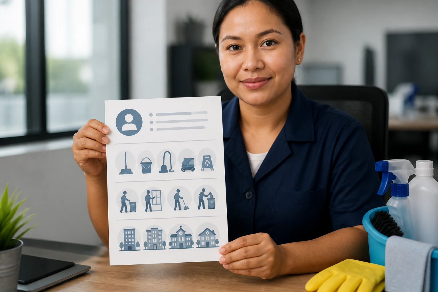 Portrait of a job seeker reviewing a resume concept with icons in an office setting.