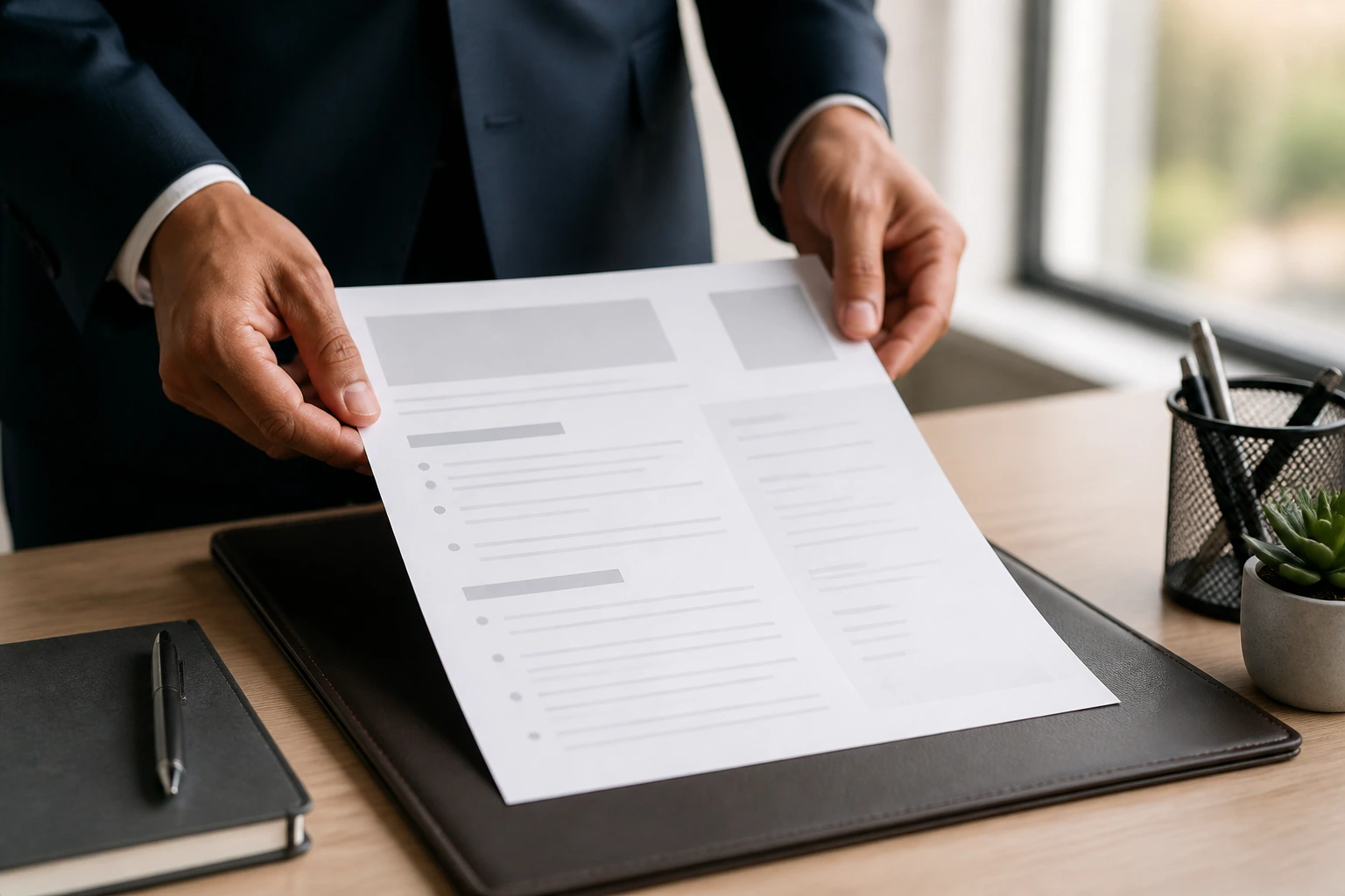 Hands arranging a blank resume sheet on a desk in an office