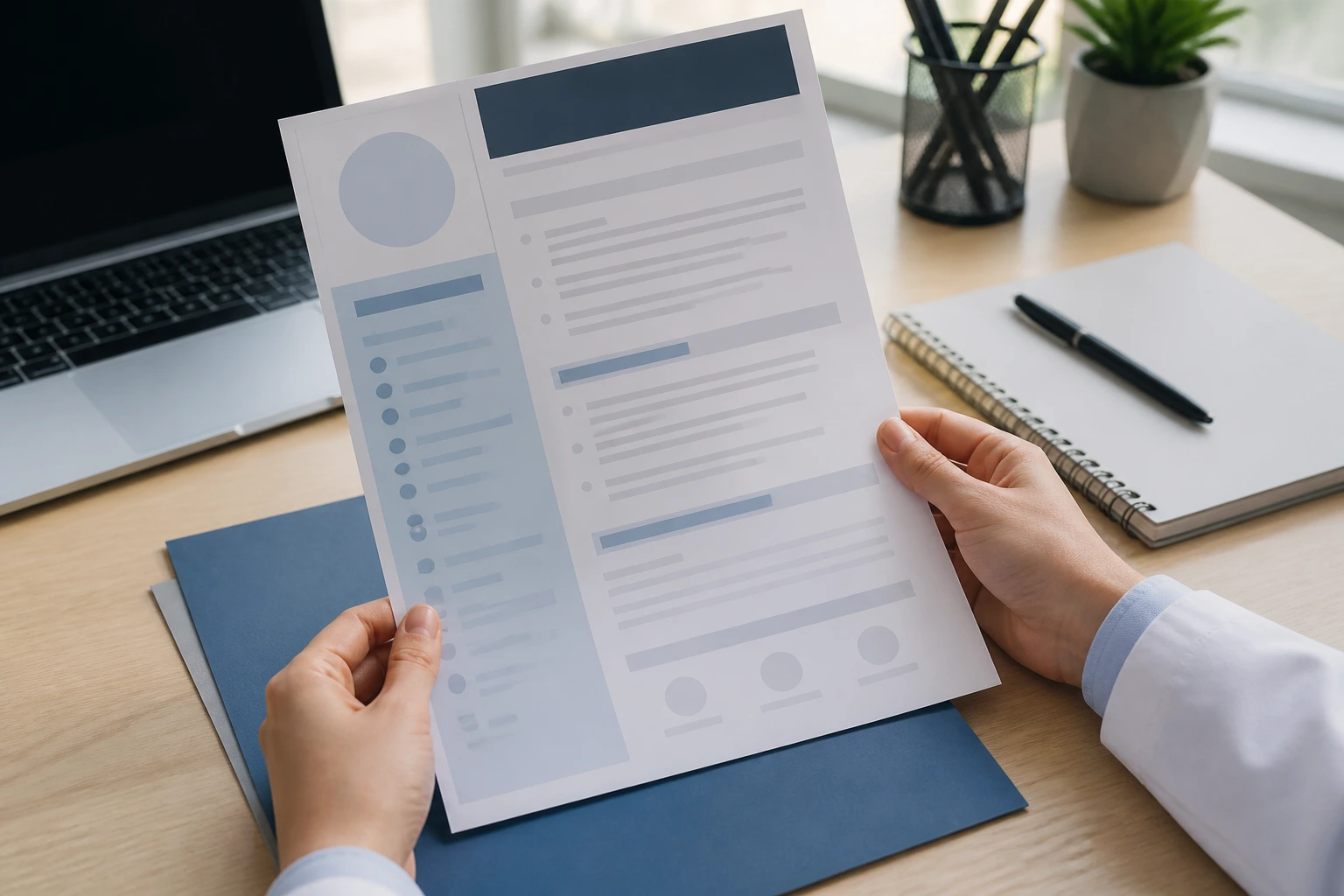 Hands arranging a blank resume template on a desk in an office