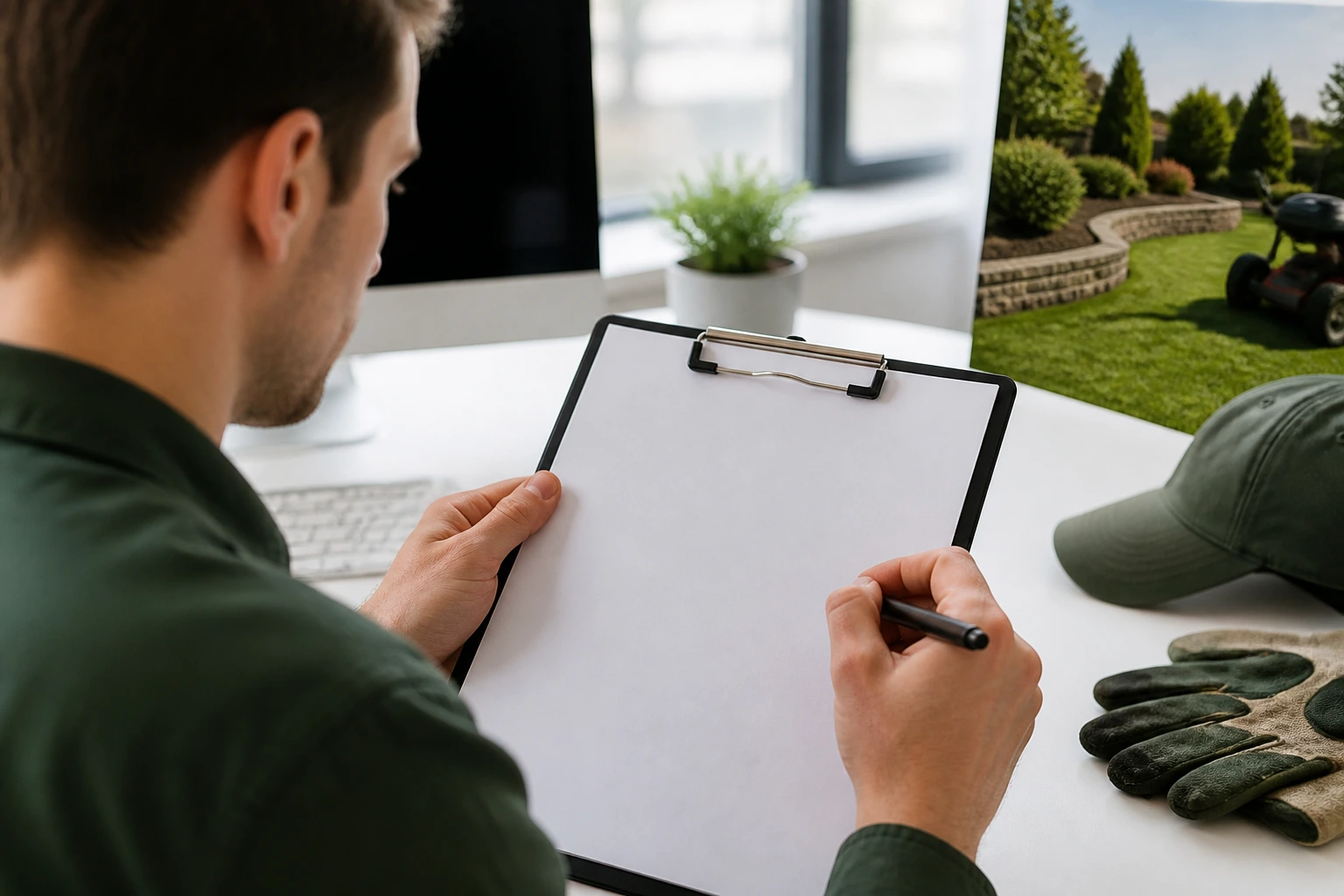Person reviewing a resume on a clipboard in a bright office.