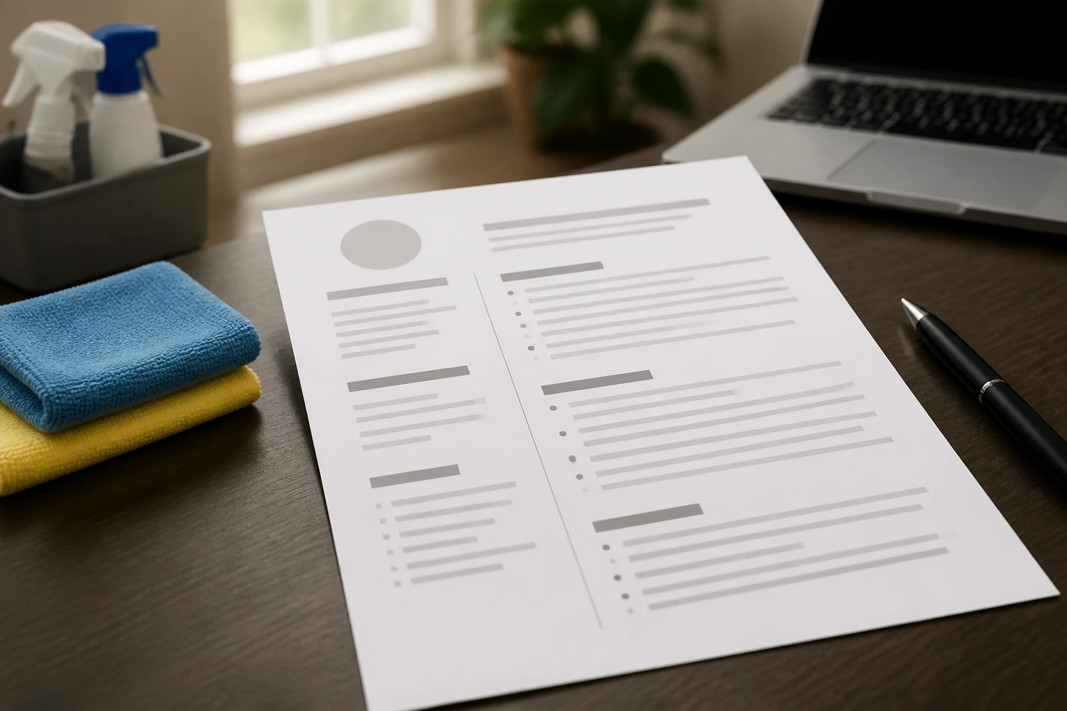 Close-up of a clean resume template with placeholder lines on a desk