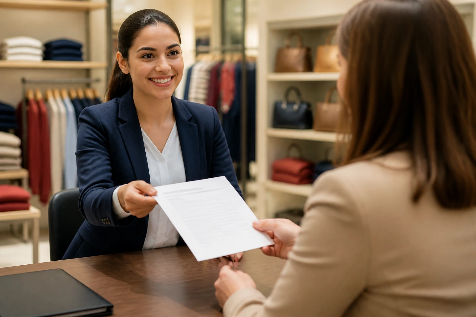 Candidate presenting a resume to a recruiter in a retail HR setting
