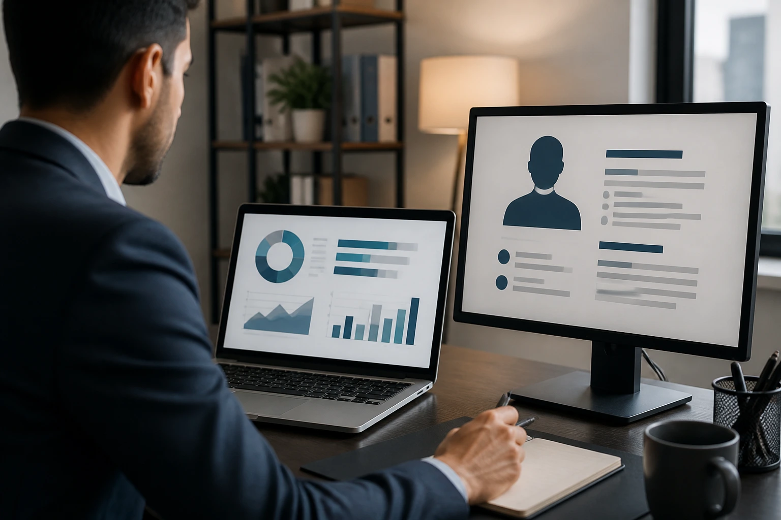 Professional reviewing resume and LinkedIn-like profile on screens