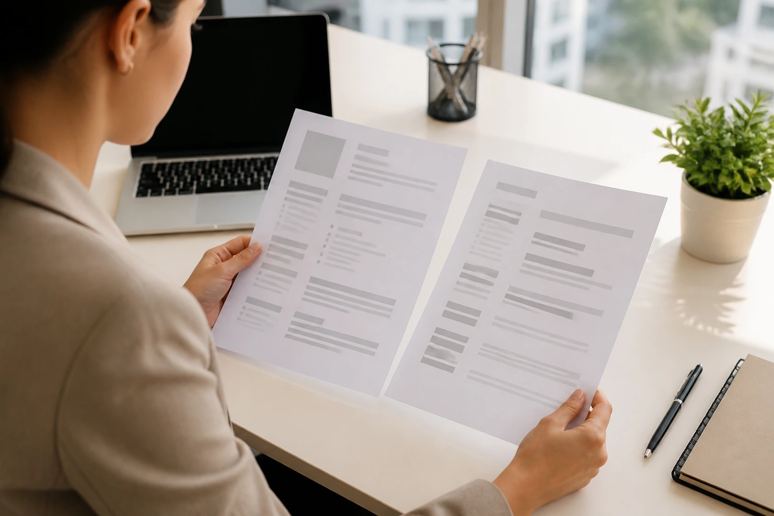 Professional organizing a resume with blank layouts at a clean desk