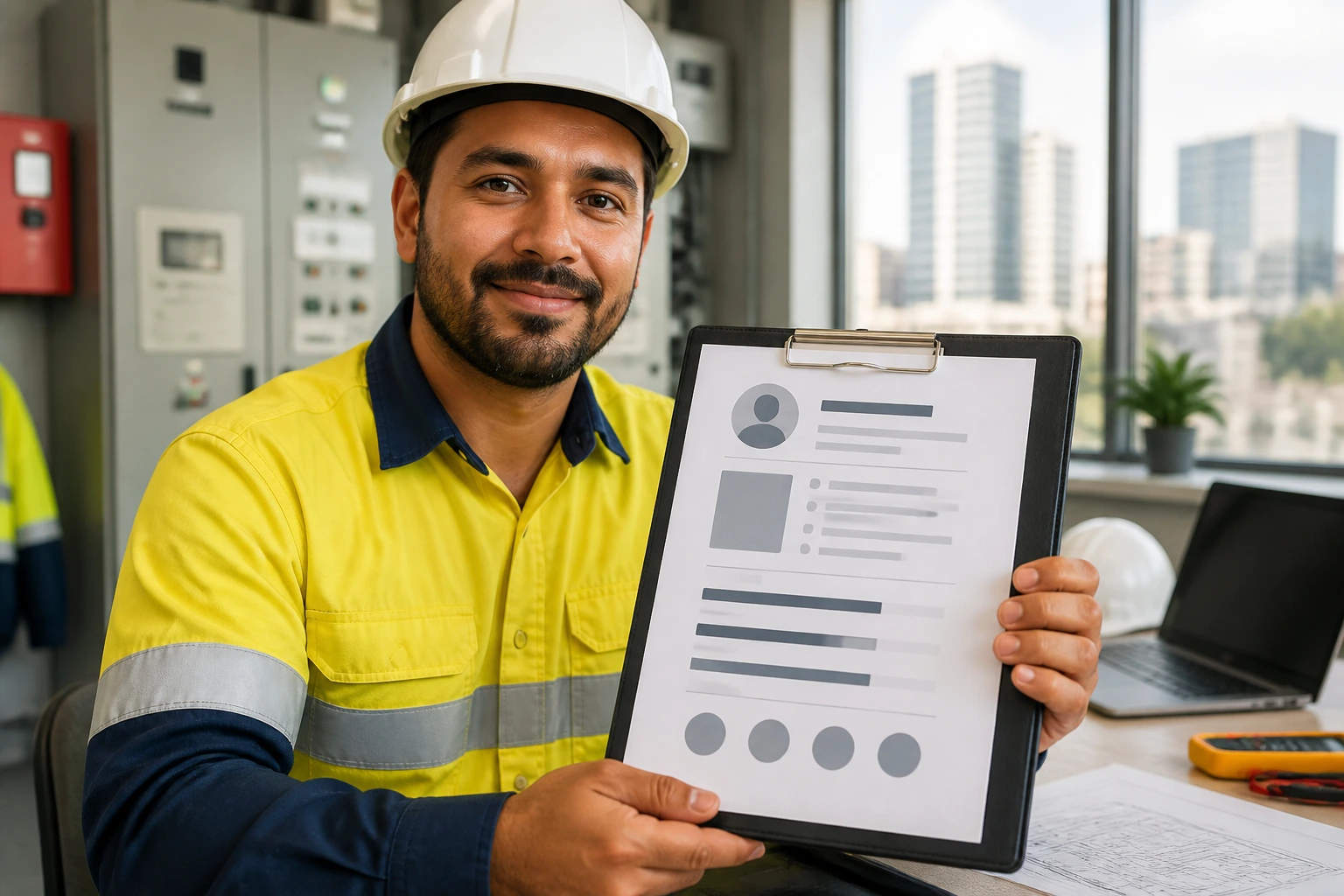 Real person holding a resume-style document in a maintenance setting