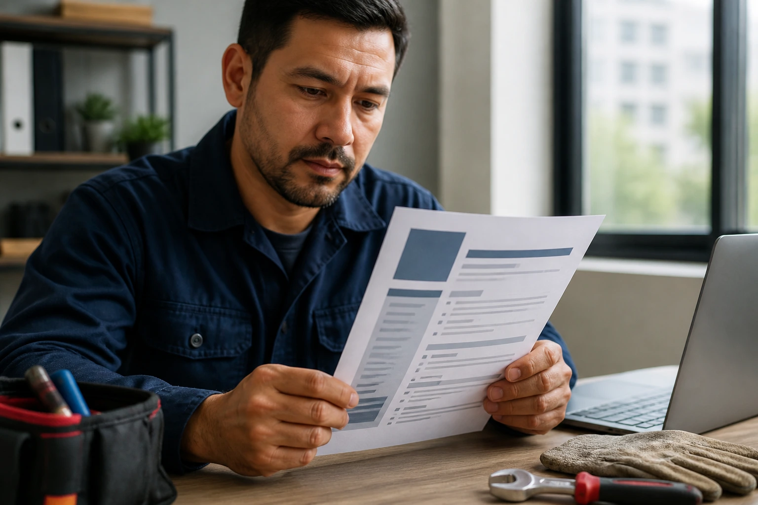 Portrait of a person reviewing a blank maintenance resume layout in an office