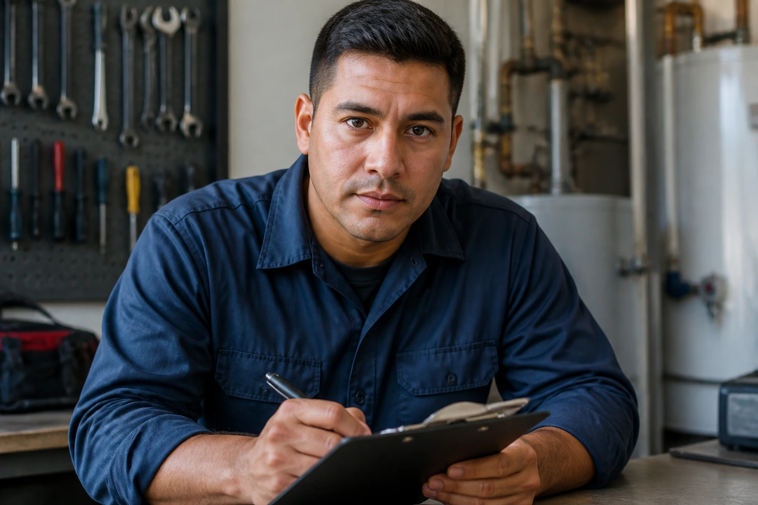 Portrait of a maintenance candidate in a workshop, projecting practical experience.