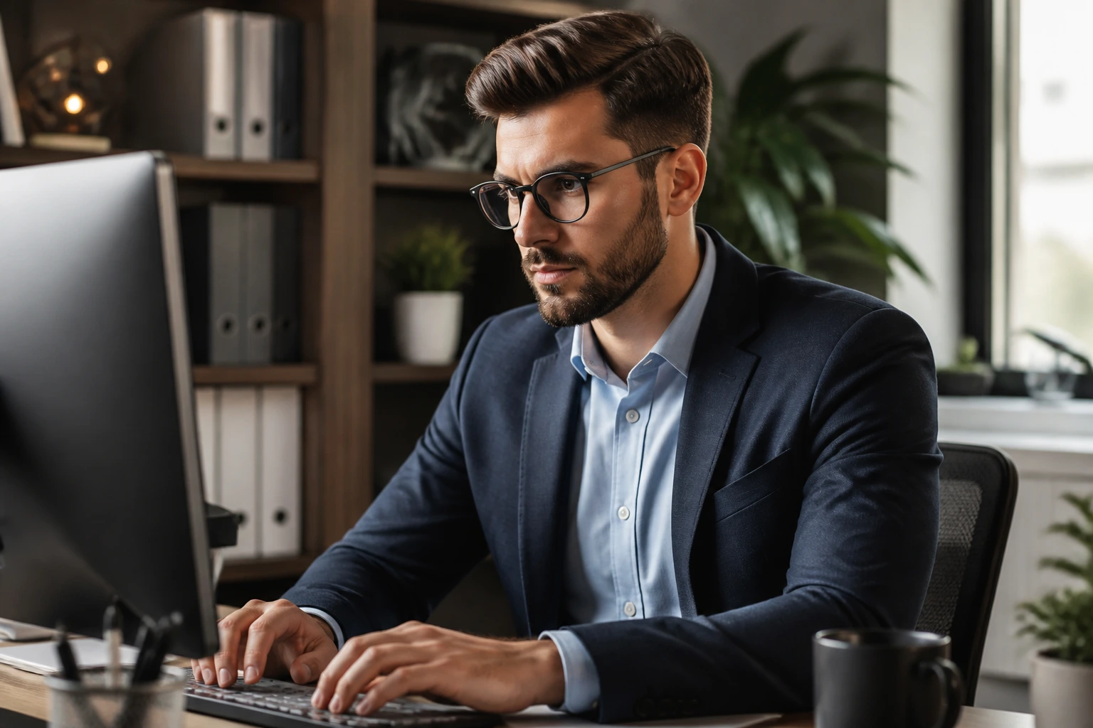 Professional at a desk examining resume strategies in a modern office