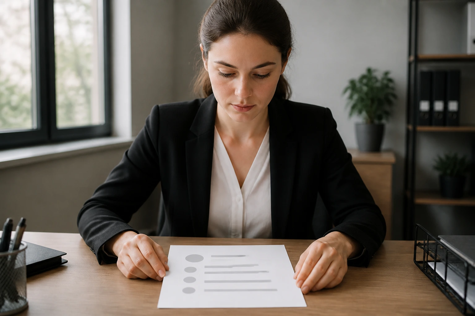 Professional candidate at a desk reviewing a resume-like document for meat processors