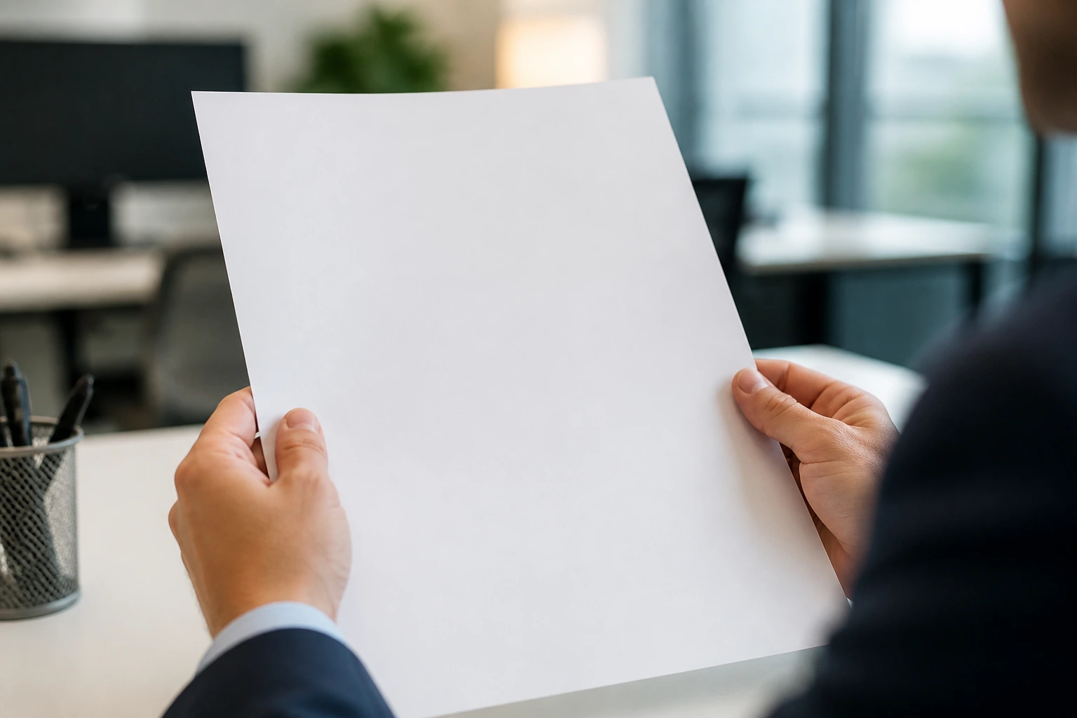 Close-up of hands holding a blank resume sheet in a modern office.