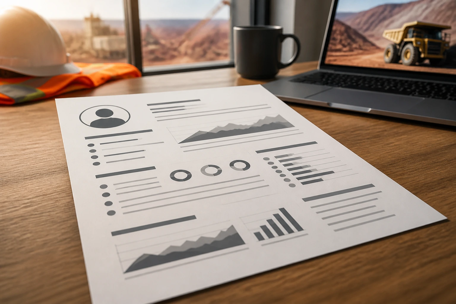 Close-up of a text-free resume-like sheet with abstract metrics on a desk