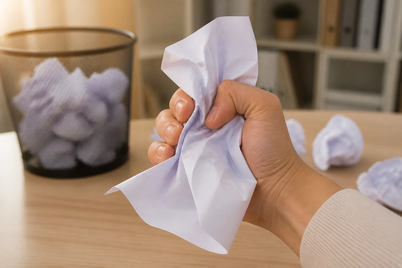 Close-up of a hand crumpling a blank resume sheet on a desk