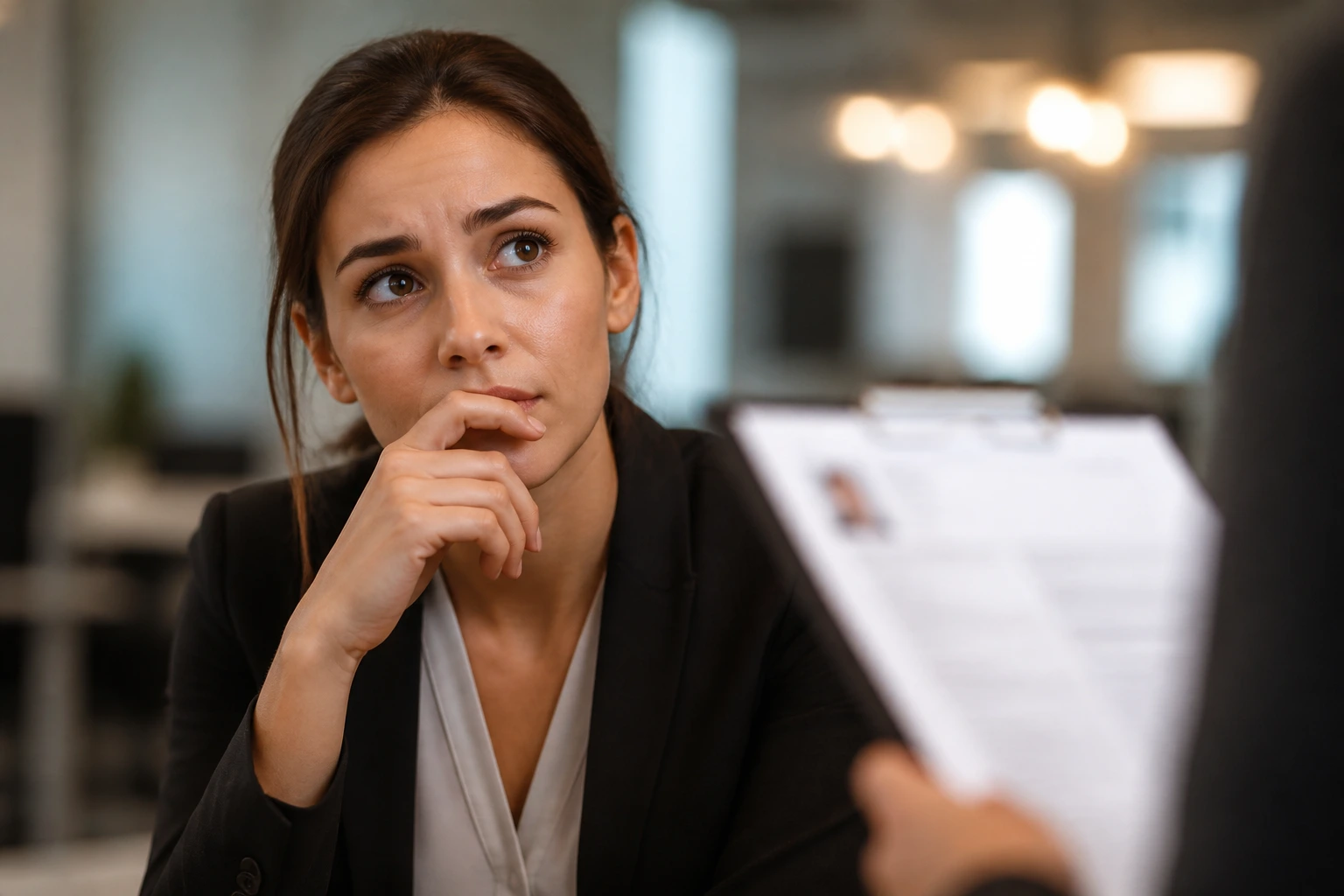 Close-up portrait of a thoughtful applicant in an office, with a blurred resume in the background.