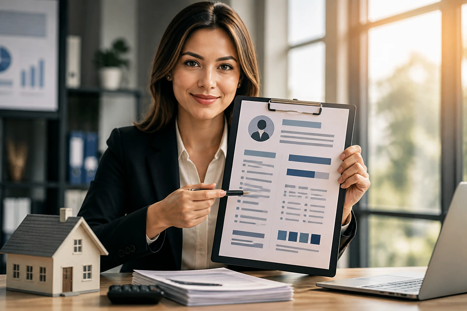 Professional presenting a generic resume on a clipboard in a real office