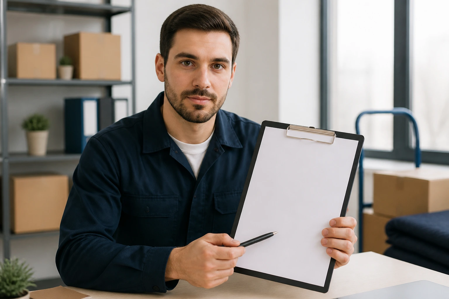 Candidate in an office with a blank clipboard, ready to present a resume