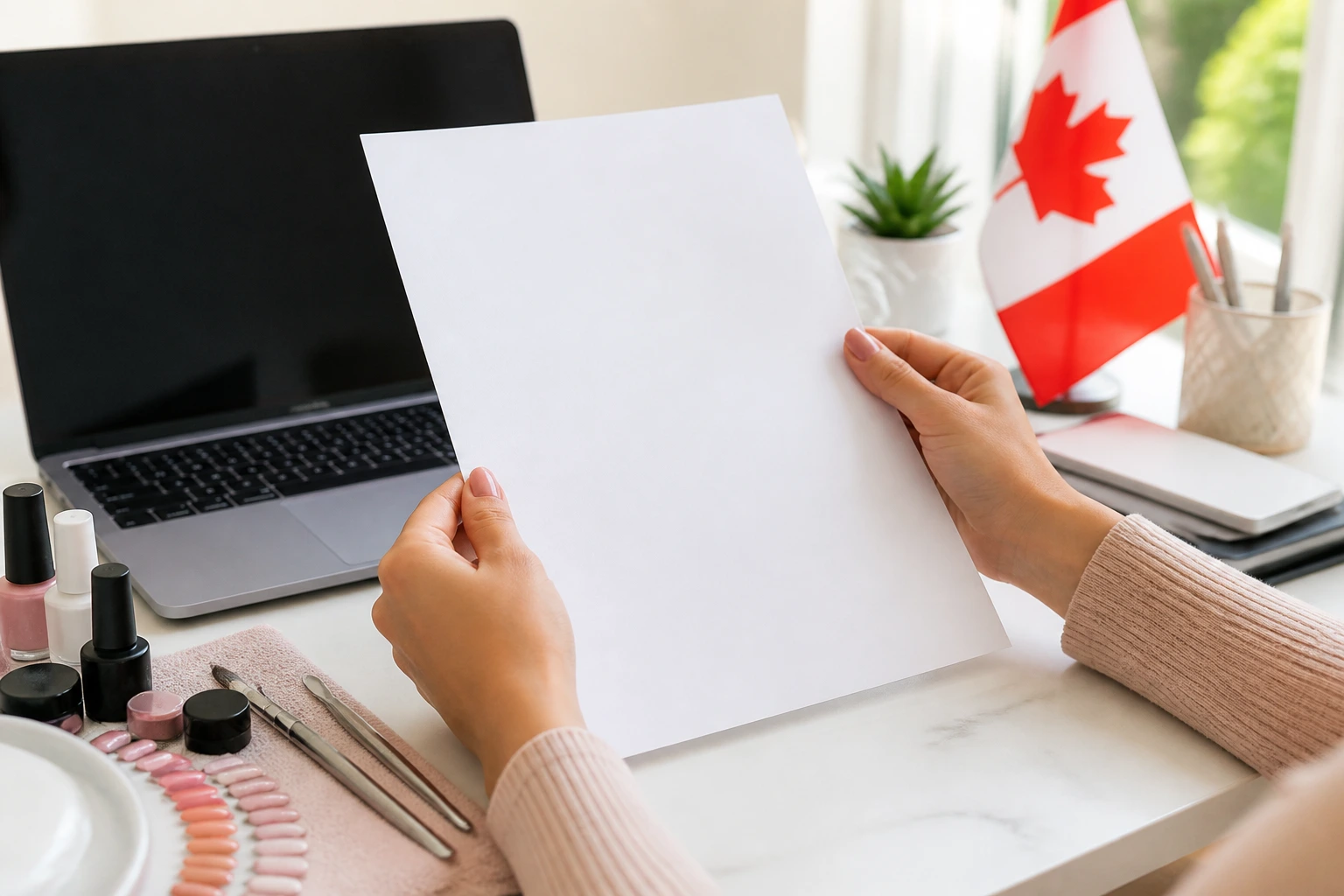 Close-up of hands holding a blank resume sheet in a bright home office