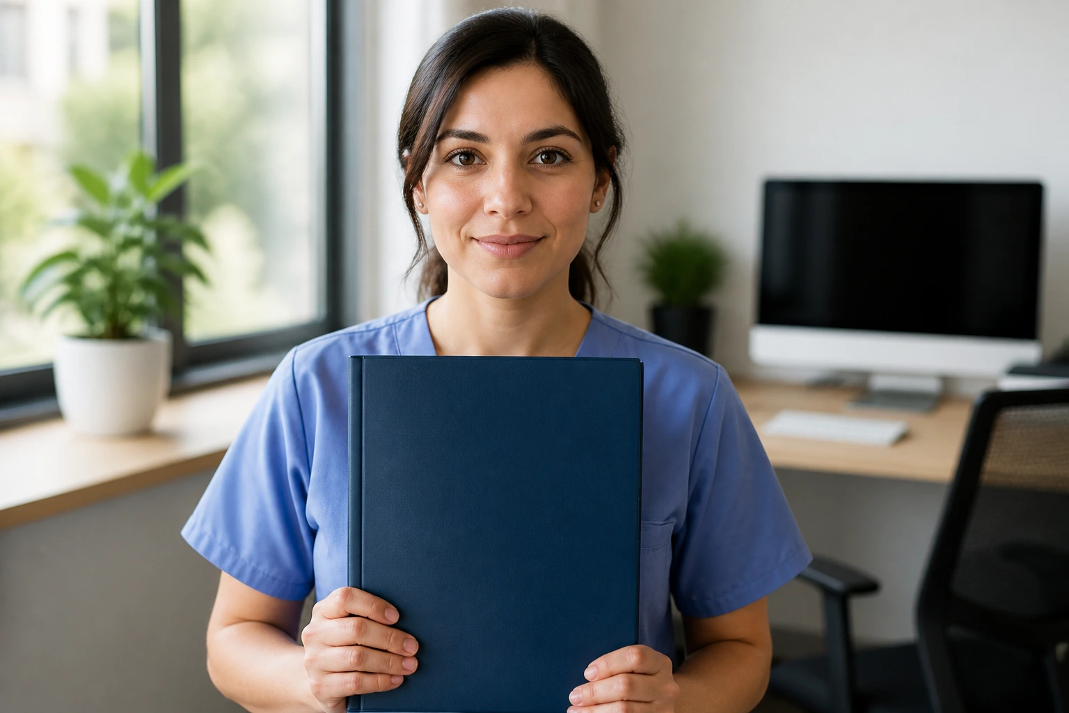Person holding a blank resume folder in an office setting