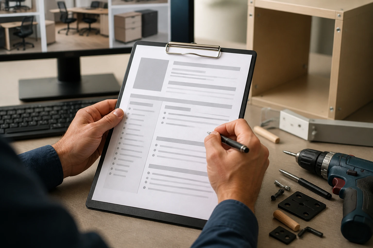 Hands arranging a blank resume template on a clipboard in an office
