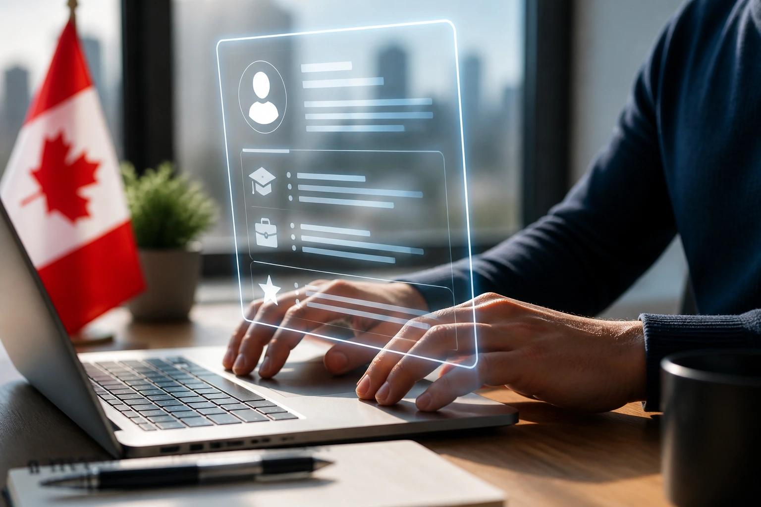 Close-up of hands typing on a laptop with an abstract resume overlay in a bright office