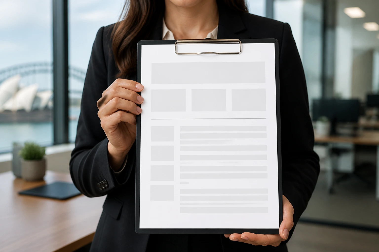 Professional holding clipboard with blank resume outline in an office