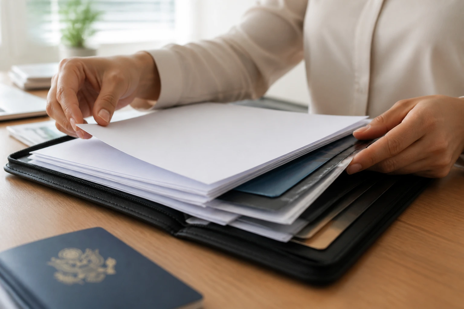 Hands organizing a portfolio with blank documents and a blurred passport on a desk.