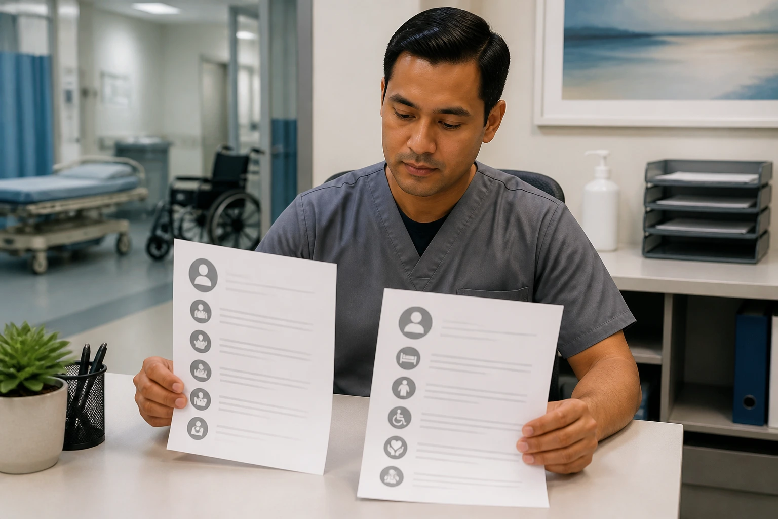 Person arranging blank resume sheets with icon bullets.