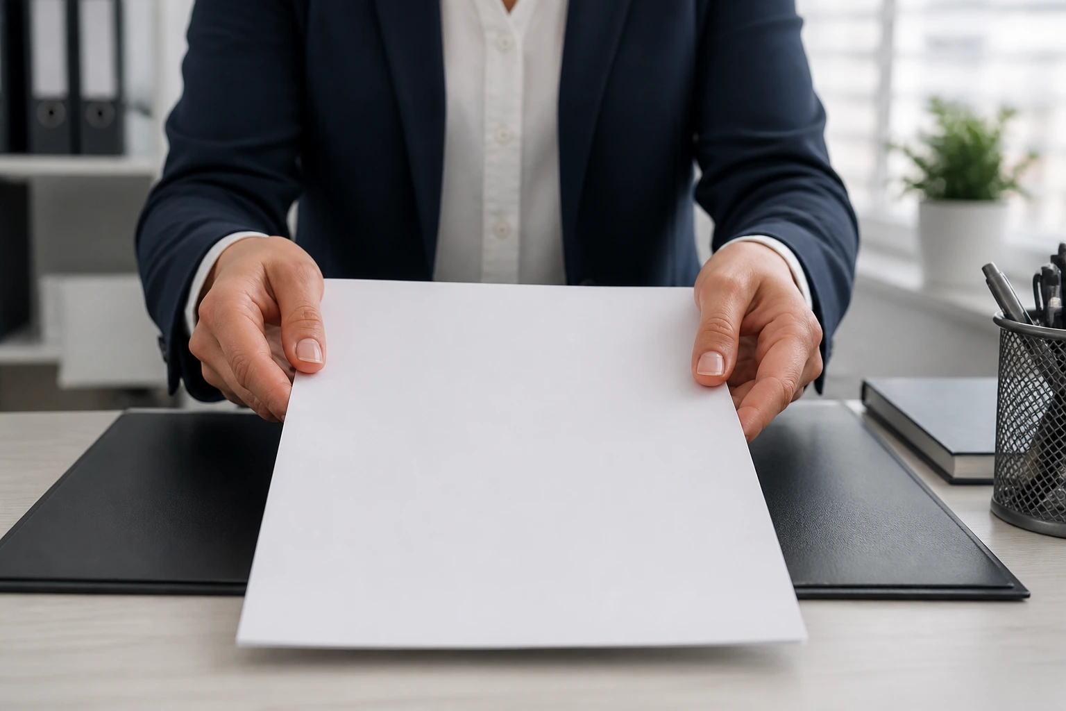 Hands presenting a clean phlebotomy resume document on desk