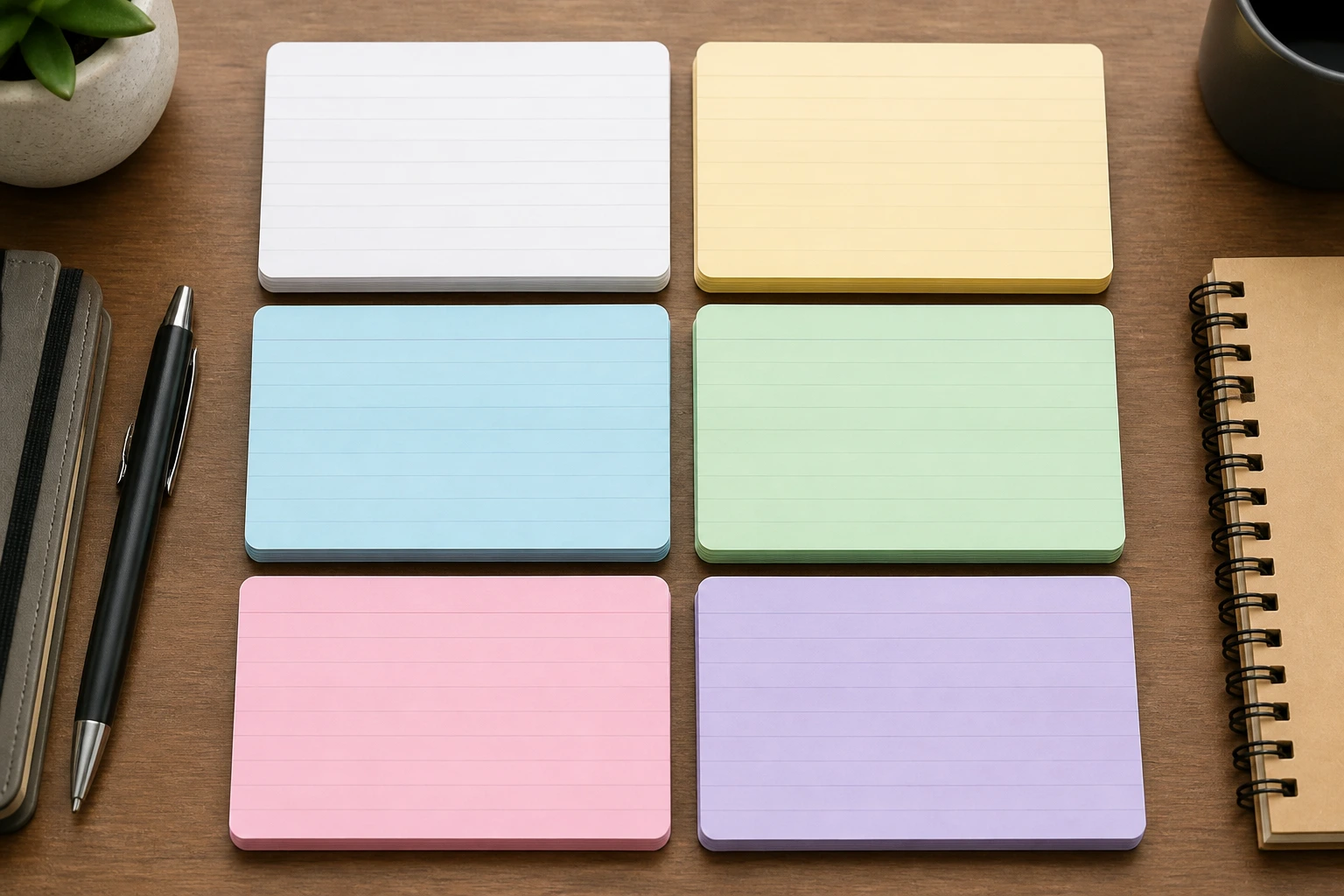 Blank color-coded index cards laid out for resume planning