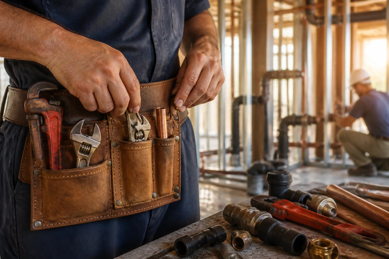 Plumber's hands organizing a tool belt on a construction site