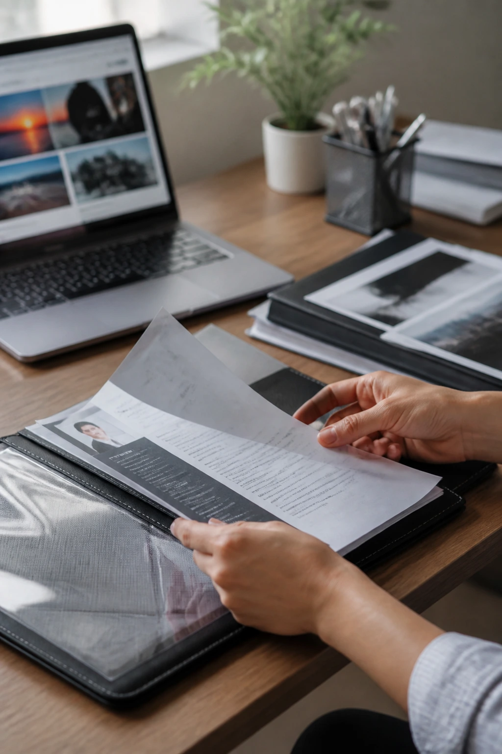 Hands arranging resume and portfolio on a desk
