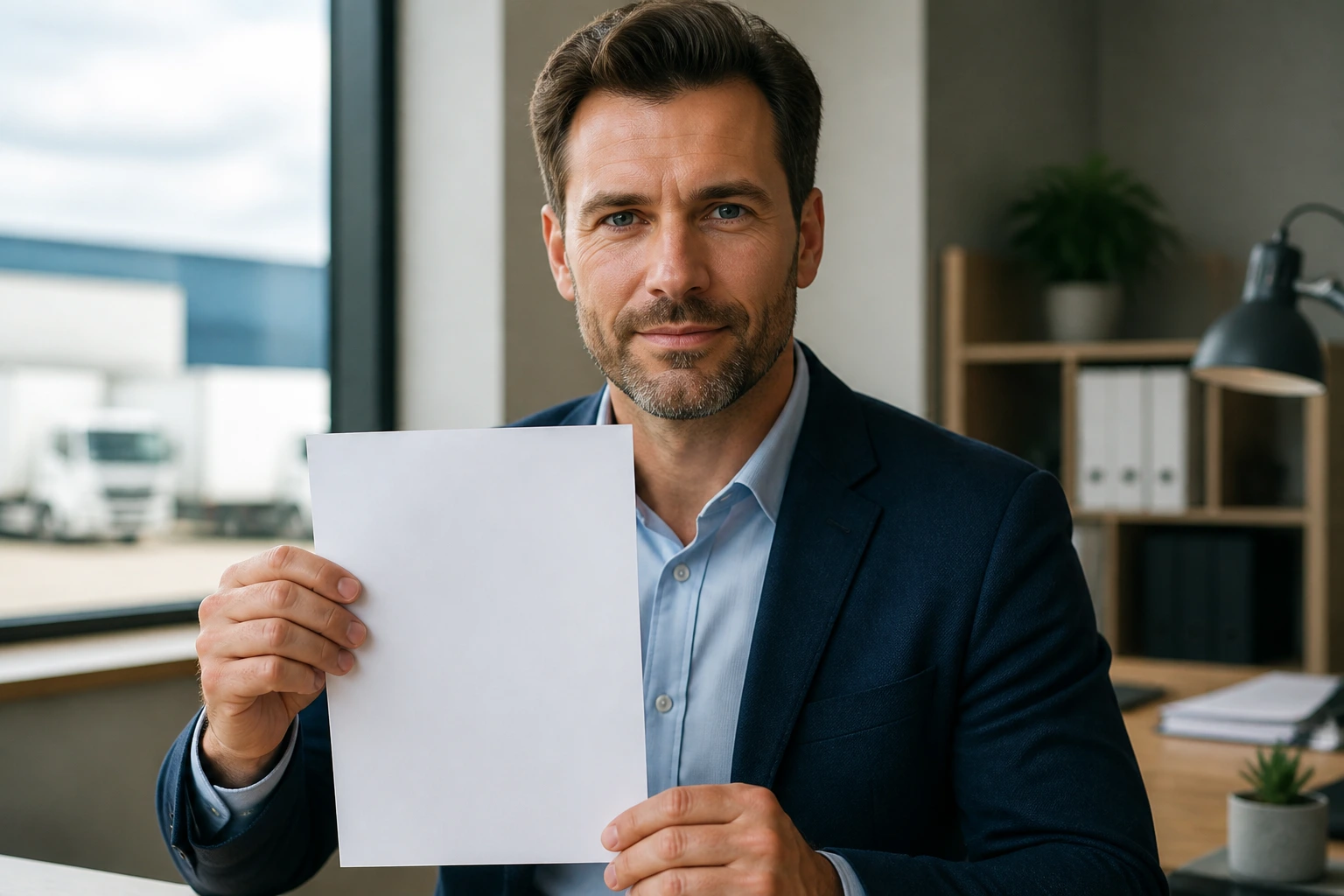 Portrait of a professional in an office holding a blank sheet