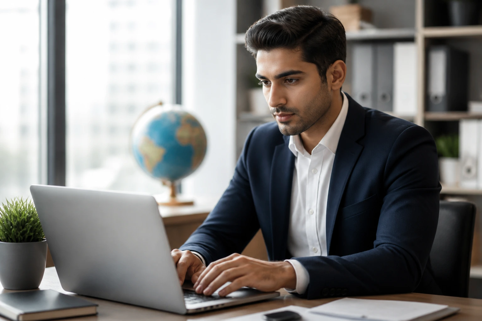 Professional typing on a laptop in a modern office, illustrating a competitive profile for employers