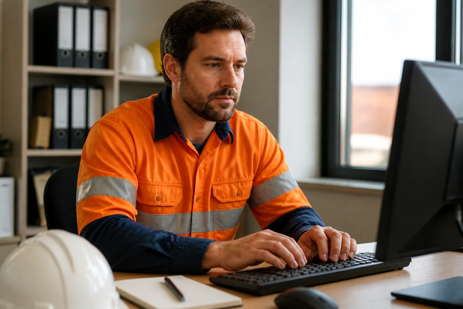 Professional mining candidate portrait at a desk for resume preparation