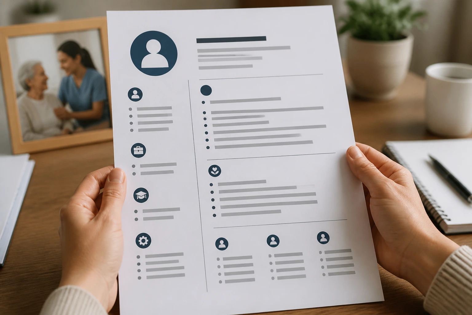 Close-up of a resume sheet held by hands on a desk