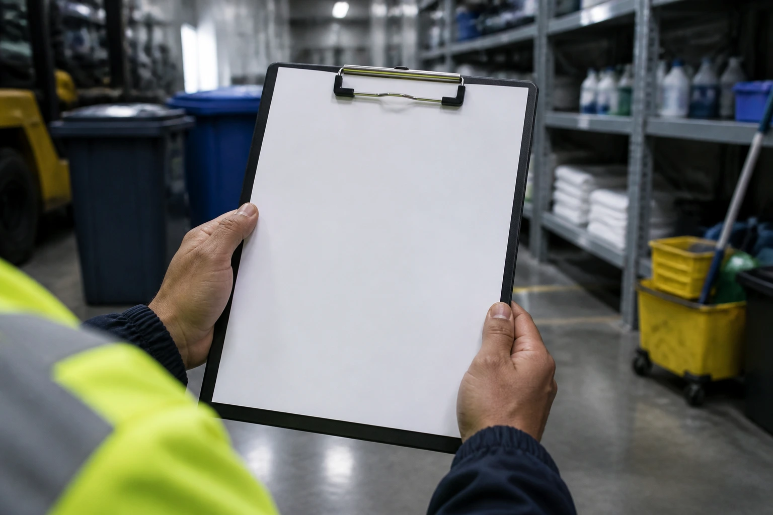 Hands holding blank resume card on clipboard in industrial setting