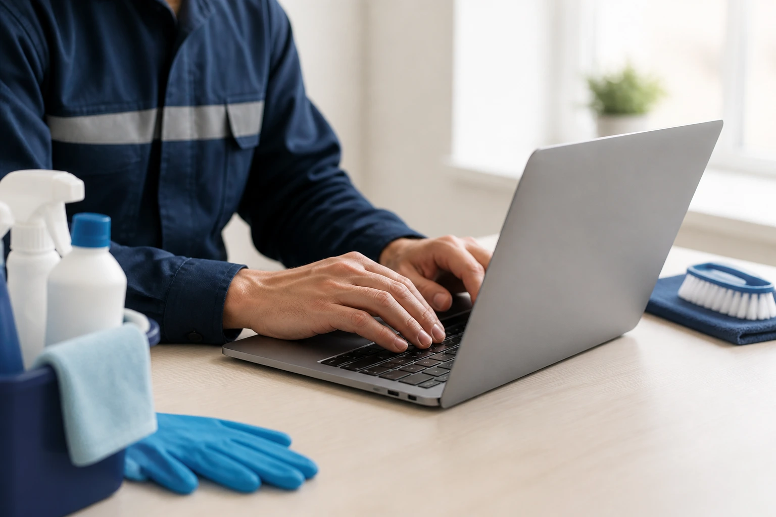 Hands typing on a laptop at a tidy desk, representing resume building