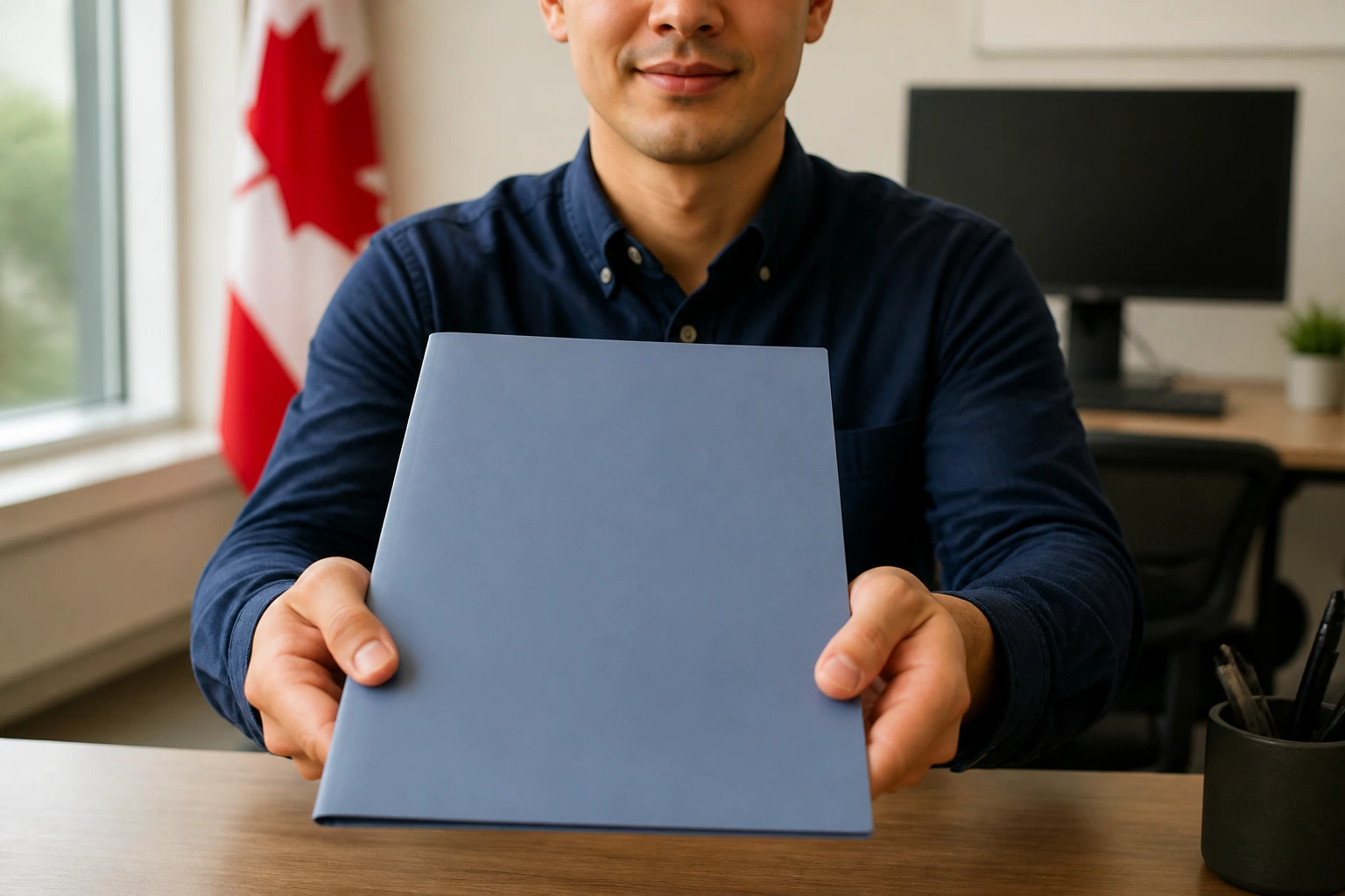 Close-up of a job applicant holding a blank resume folder in a Canadian office.