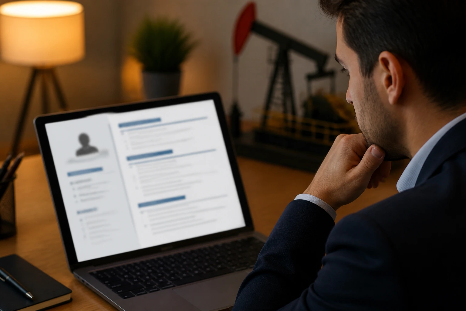 Portrait of professional viewing blurred resume on laptop at a clean desk