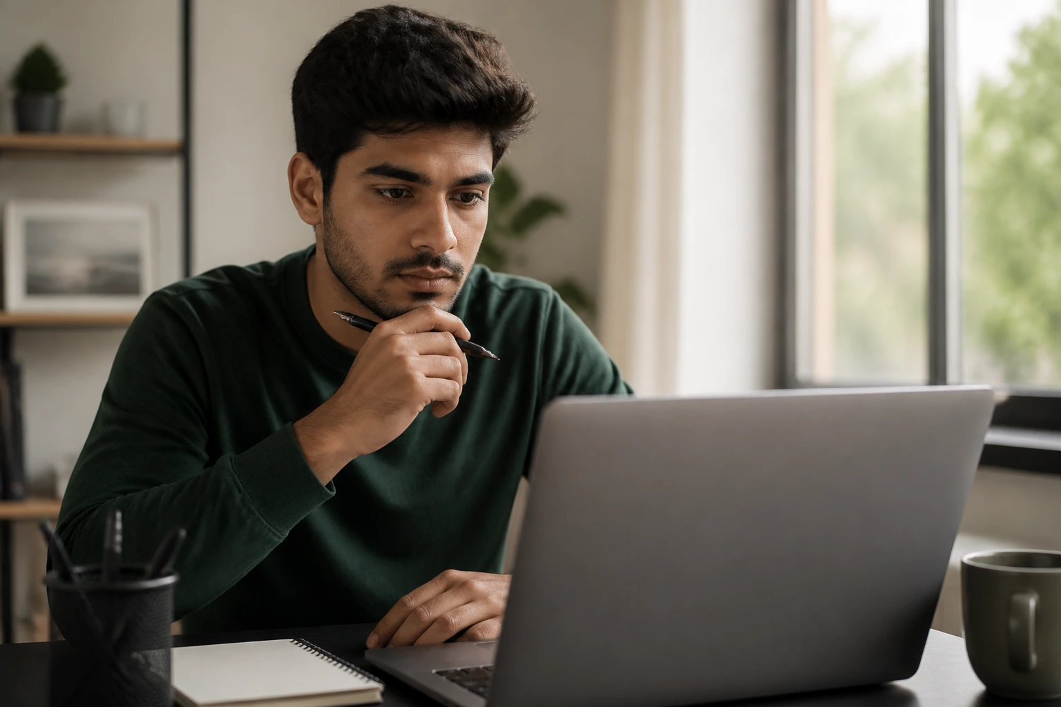 Portrait of a job applicant reviewing a resume on a laptop in a home office.