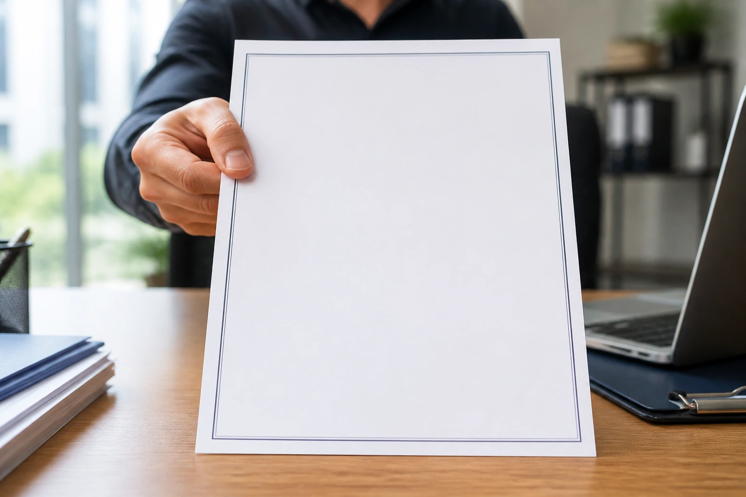 Hand presenting blank resume sheet on desk