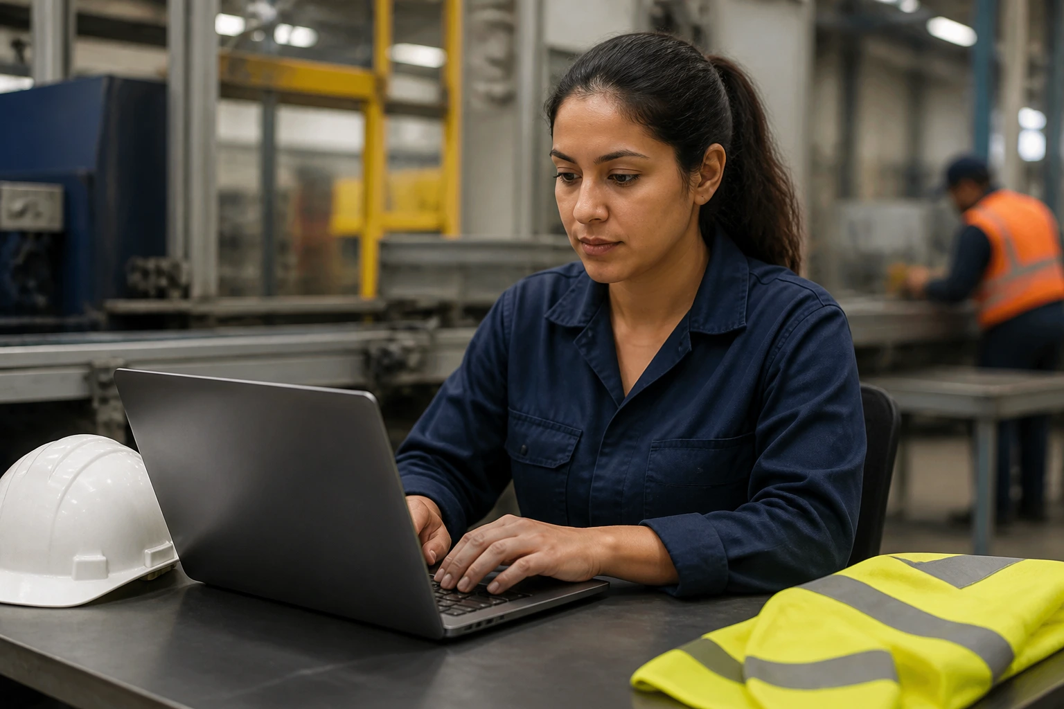 Person crafting a resume suited for shift work at a workstation with a factory background