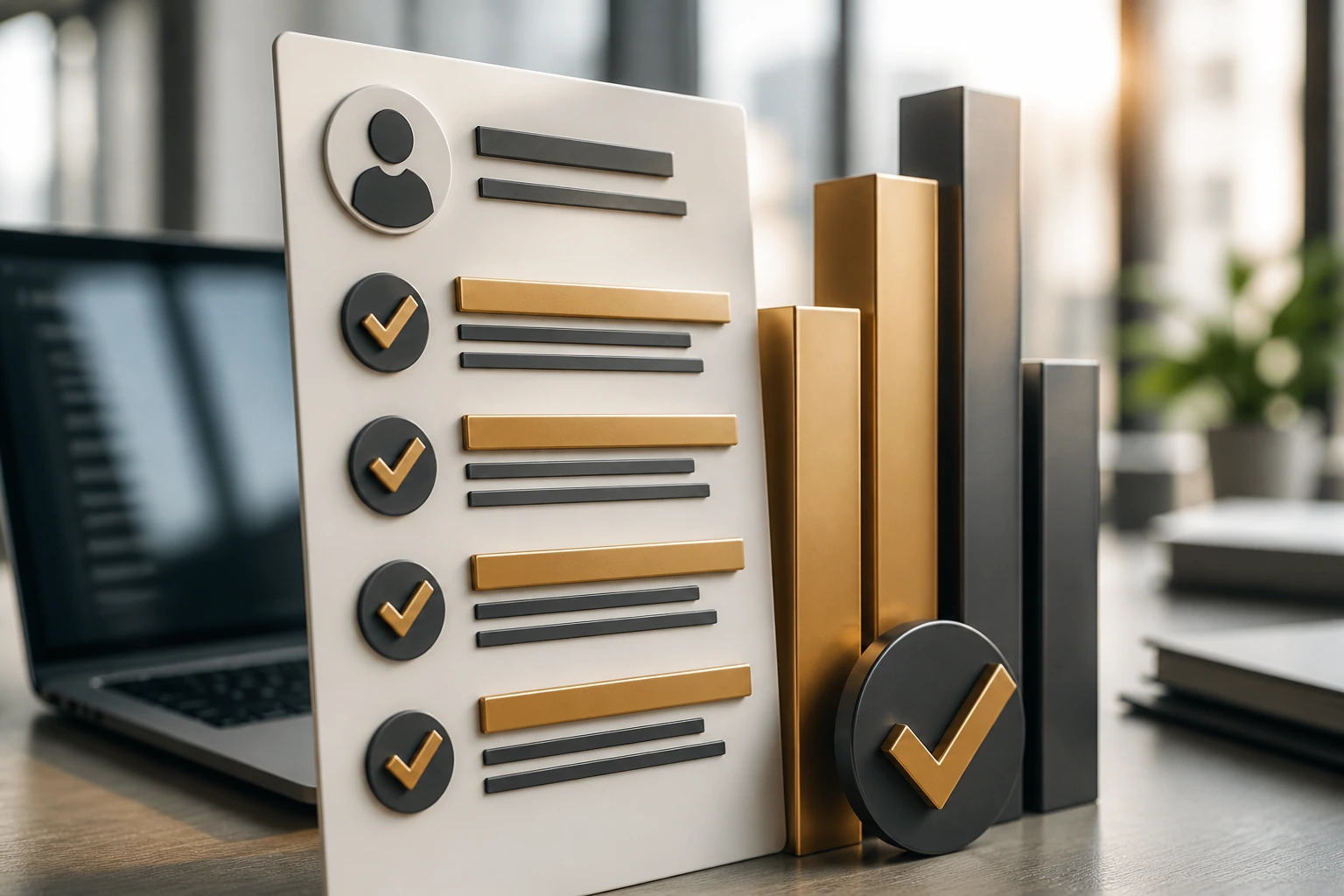 Close-up of abstract resume signals with bar icons dominating a sheet on a desk in an office
